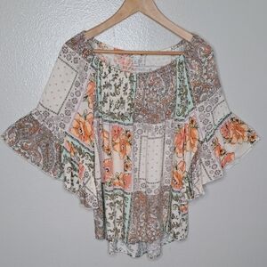 Cato Paisley Floral Patchwork Bell Slv Top Women’s Boho Peasant Off Shoulder M